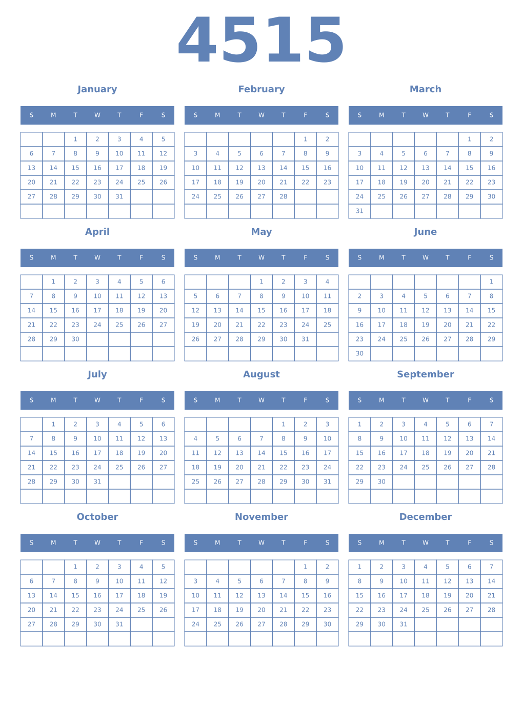 Printable 4515 Year Calendars glaucous