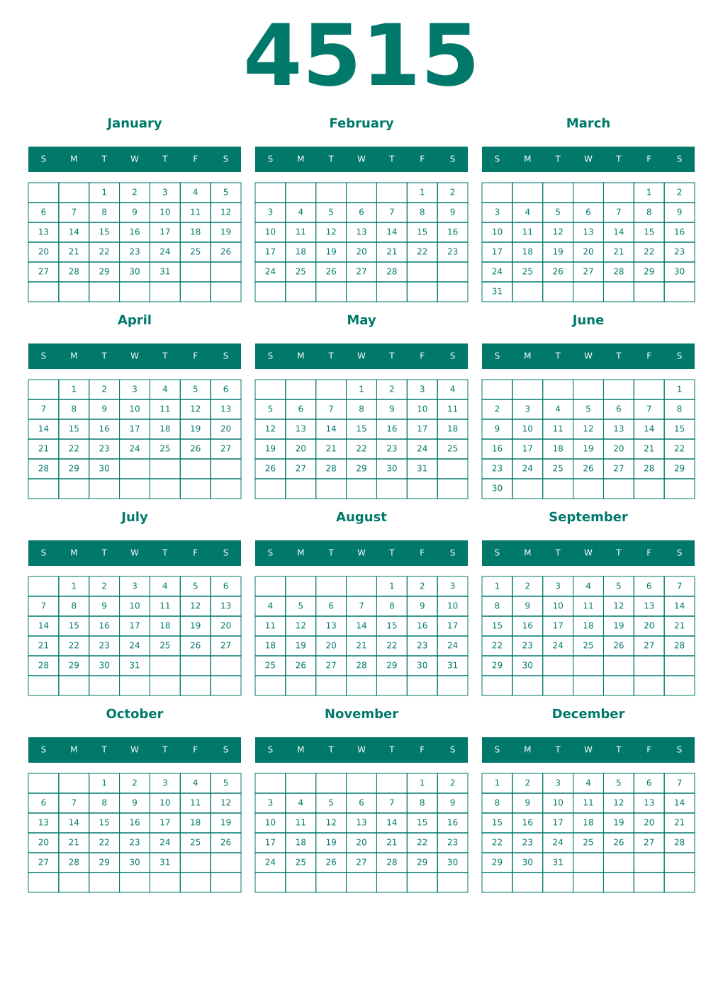 Printable 4515 Year Calendars pastel