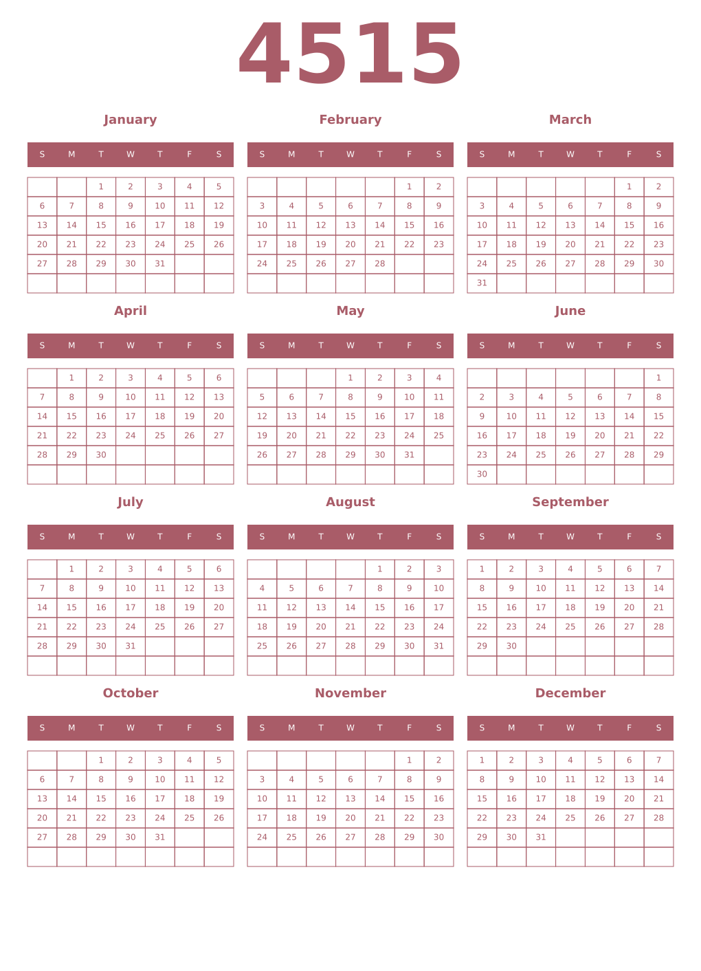Printable 4515 Year Calendars puce