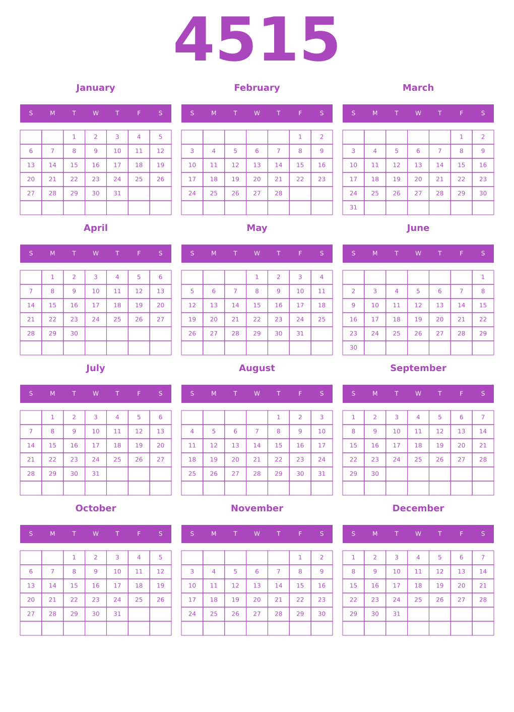 Printable 4515 Year Calendars purple