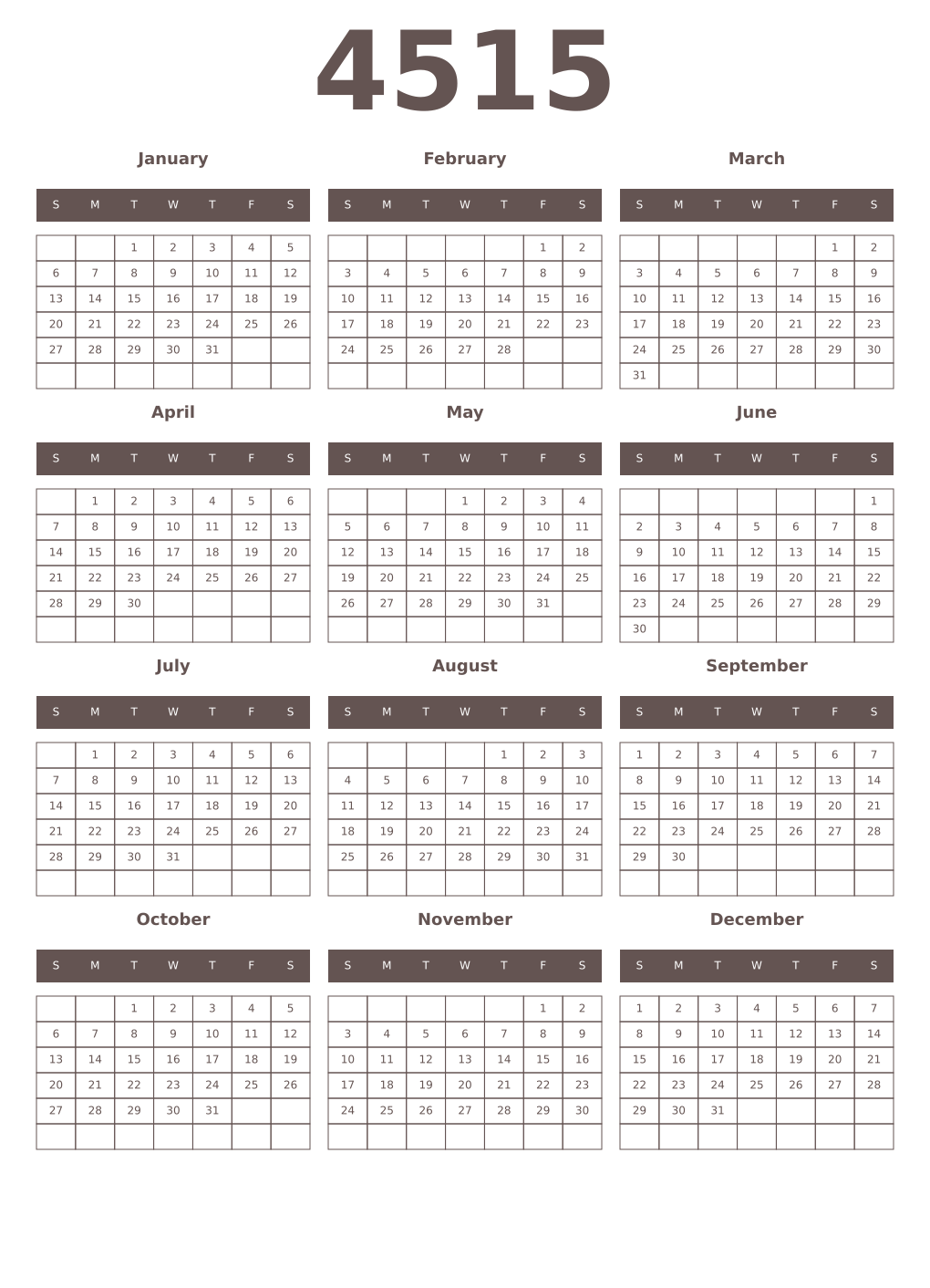 Printable 4515 Year Calendars wenge