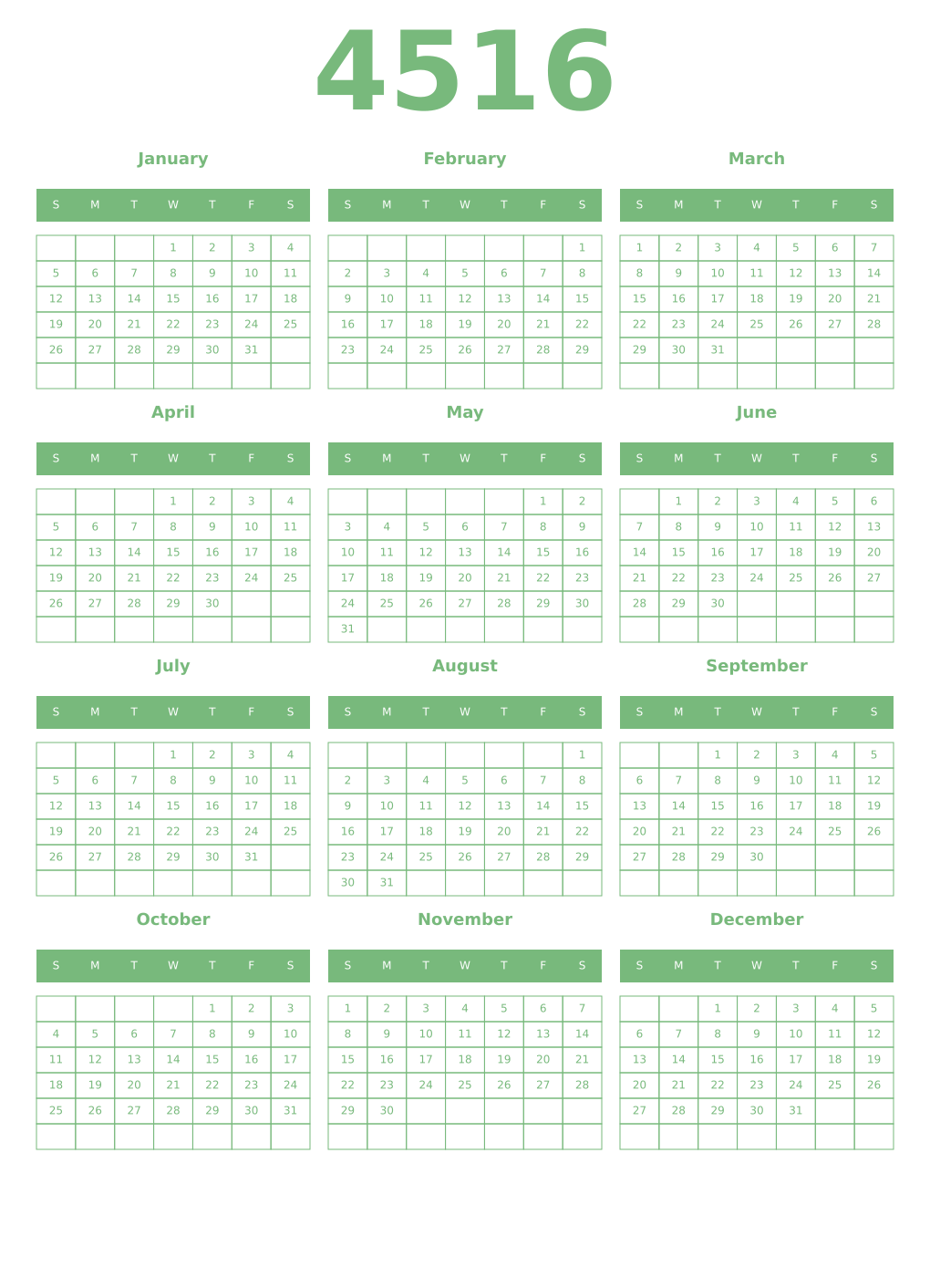 Printable 4516 Year Calendars celadon