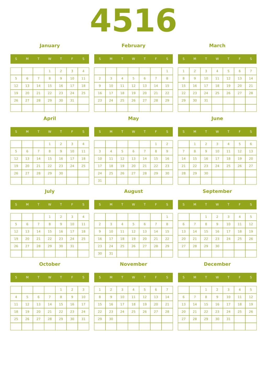 Printable 4516 Year Calendars chartreuse