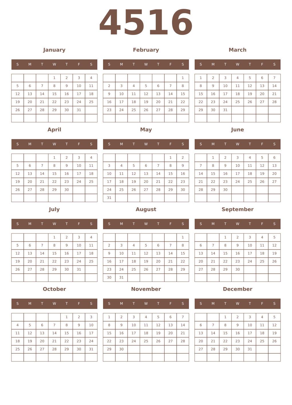 Printable 4516 Year Calendars coffe