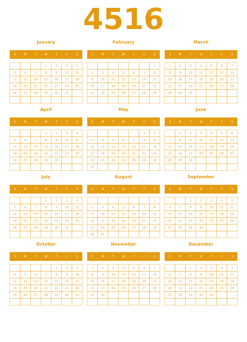 Printable 4516 Year Calendars gamboge