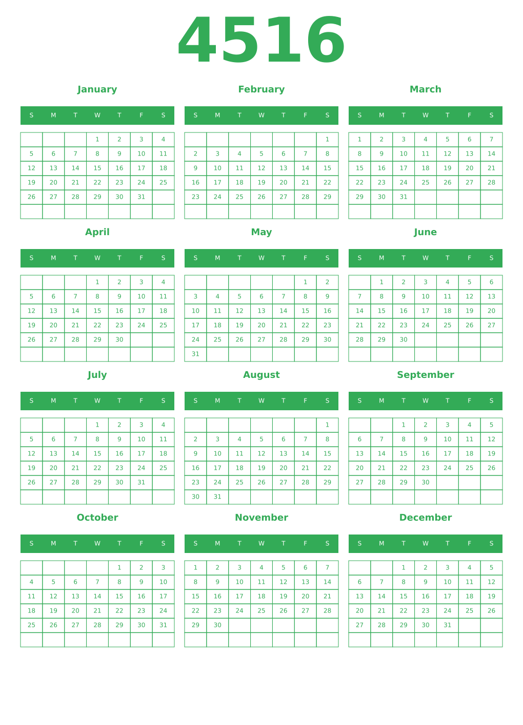Printable 4516 Year Calendars green