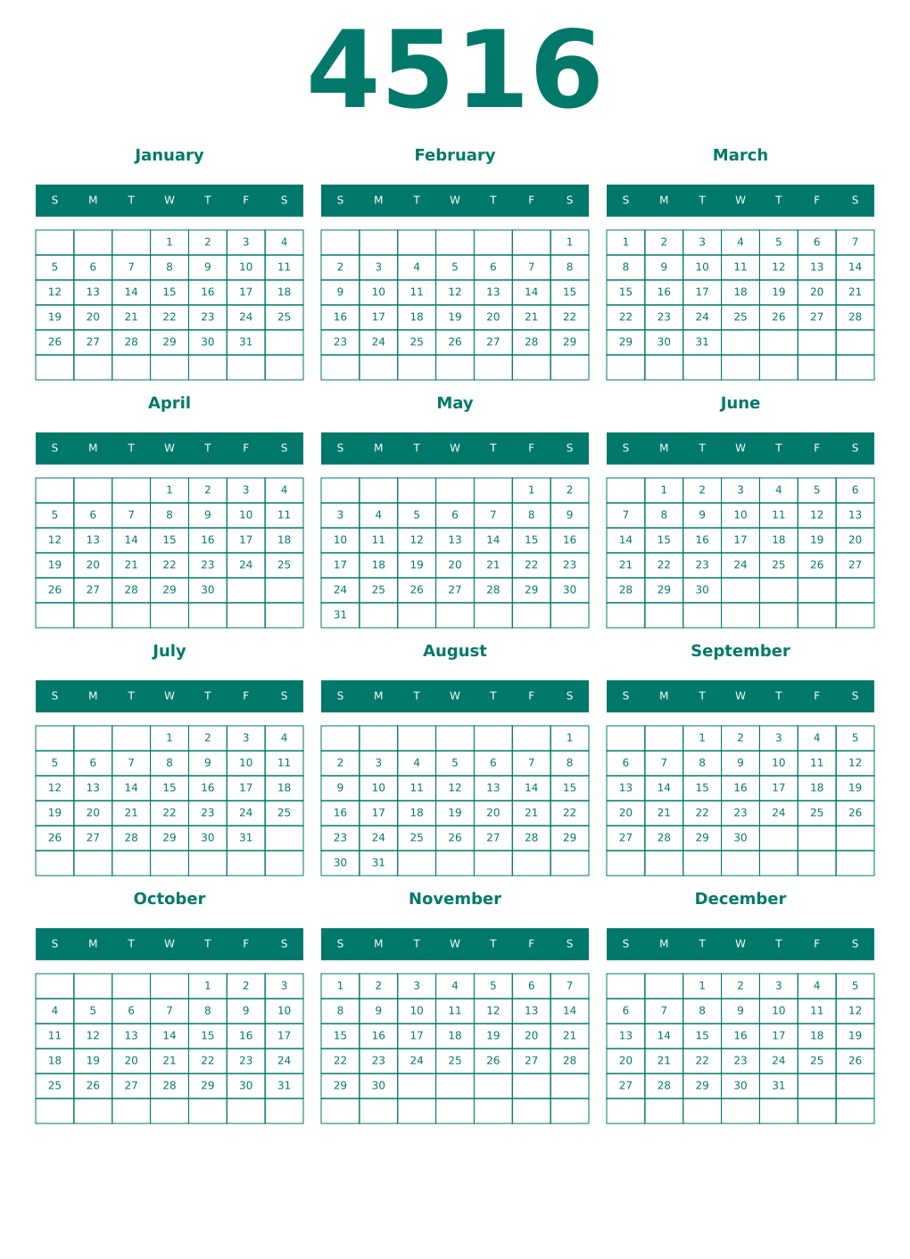 Printable 4516 Year Calendars pastel