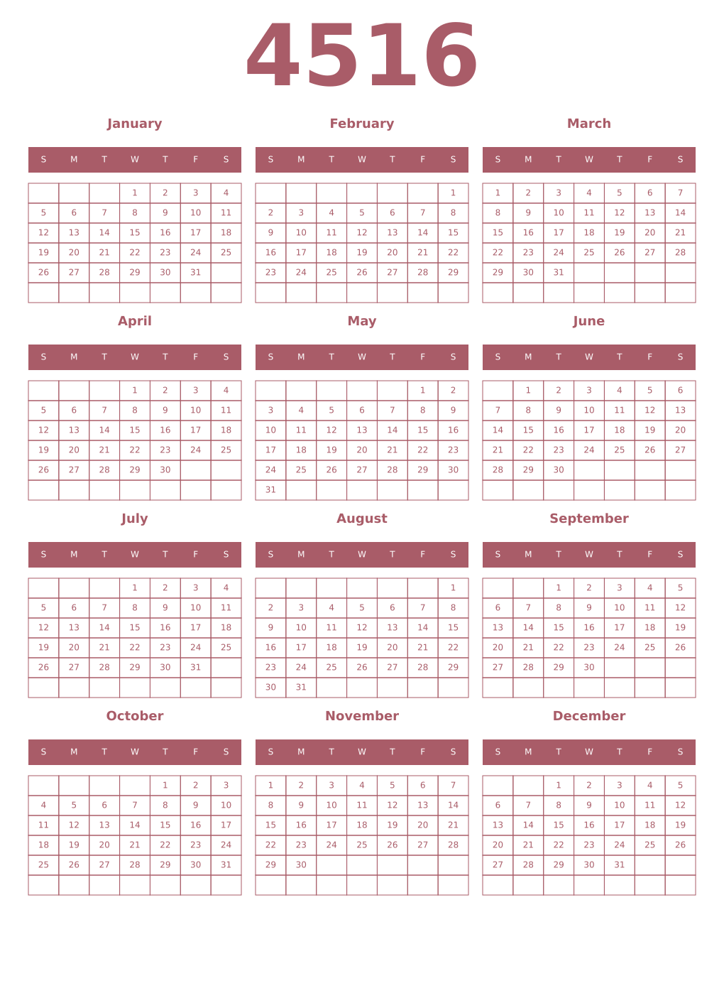Printable 4516 Year Calendars puce