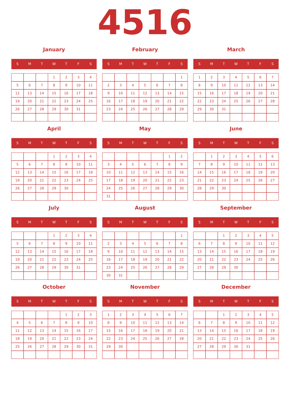 Printable 4516 Year Calendars red