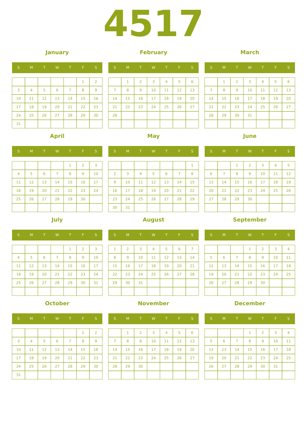 Printable 4517 Year Calendars chartreuse
