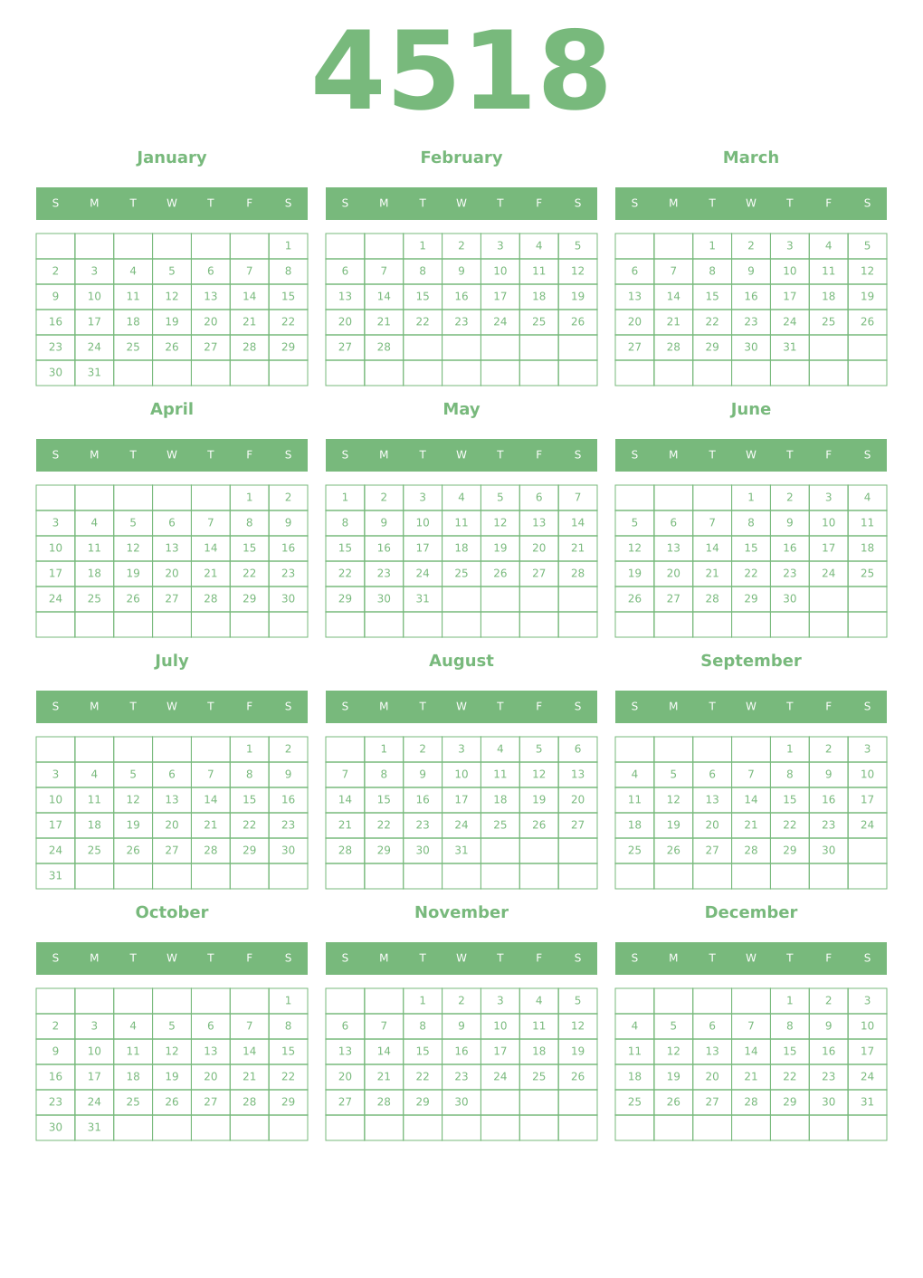 Printable 4518 Year Calendars celadon