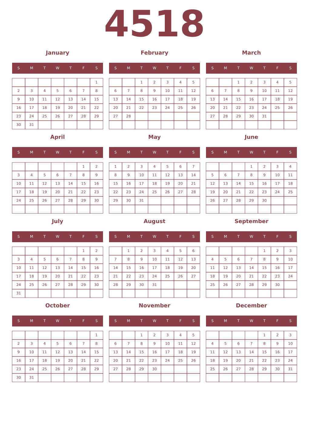 Printable 4518 Year Calendars cordovan