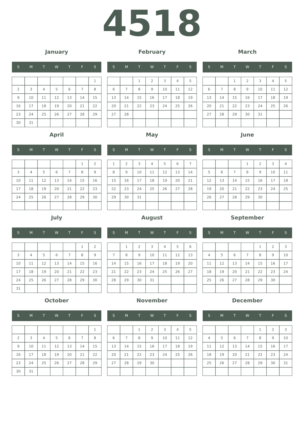 Printable 4518 Year Calendars feldgrau