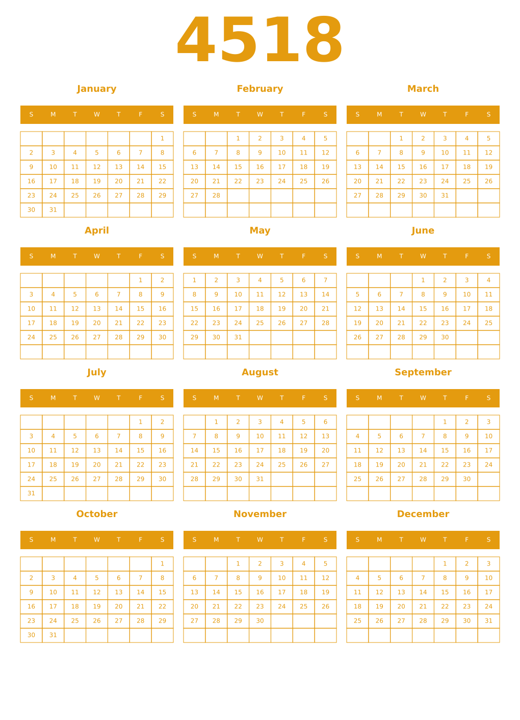 Printable 4518 Year Calendars gamboge