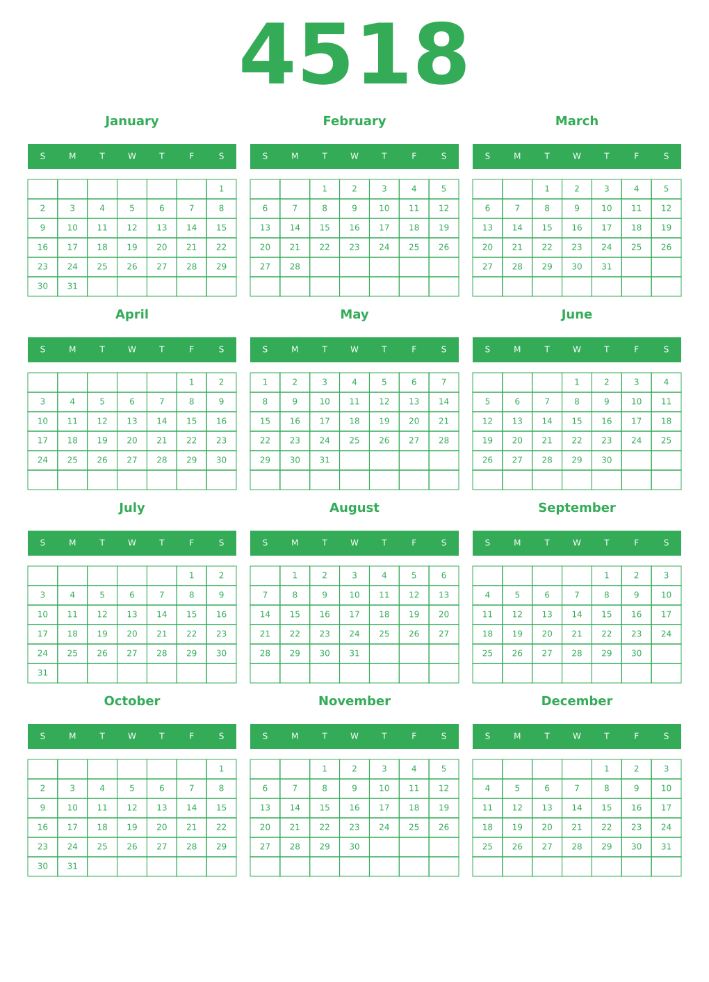 Printable 4518 Year Calendars green