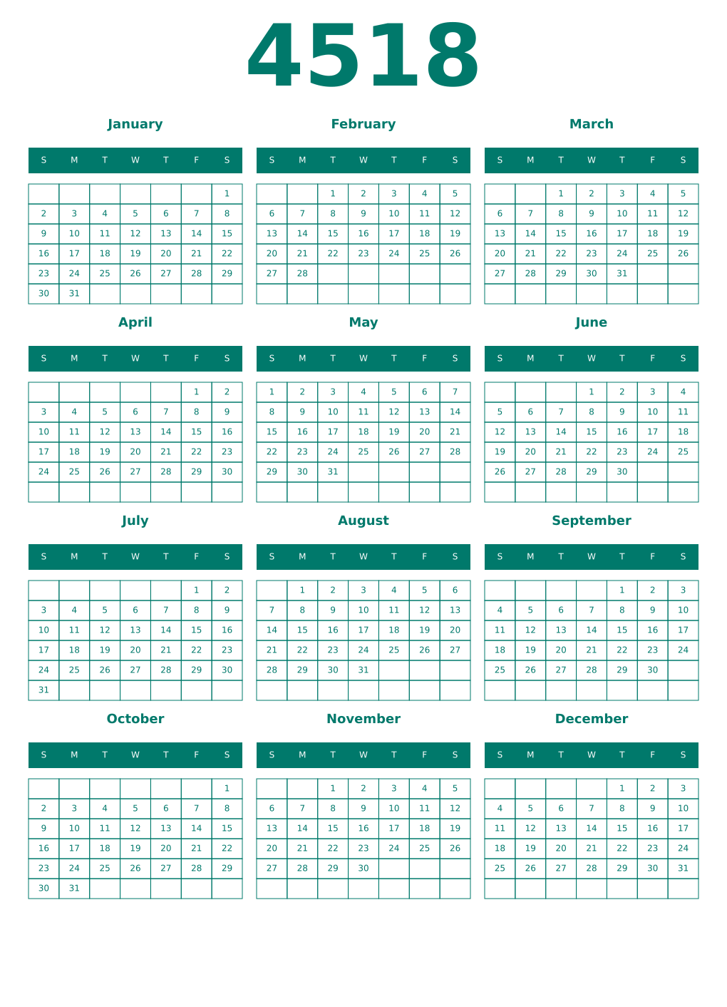 Printable 4518 Year Calendars pastel
