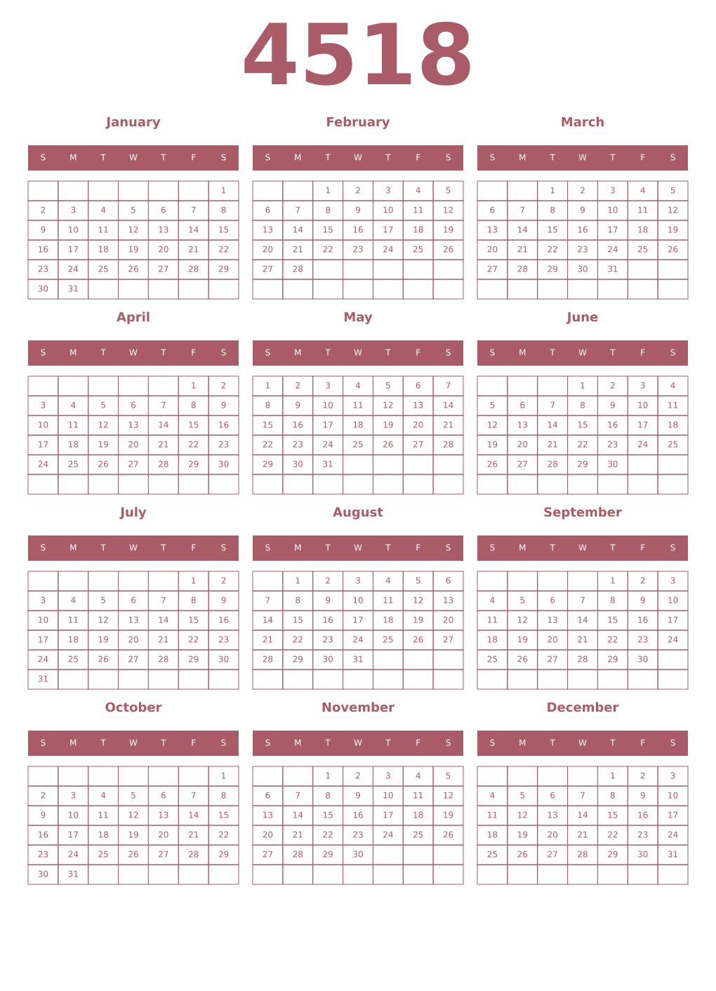Printable 4518 Year Calendars puce