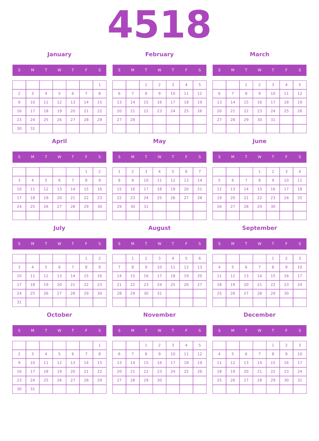 Printable 4518 Year Calendars purple