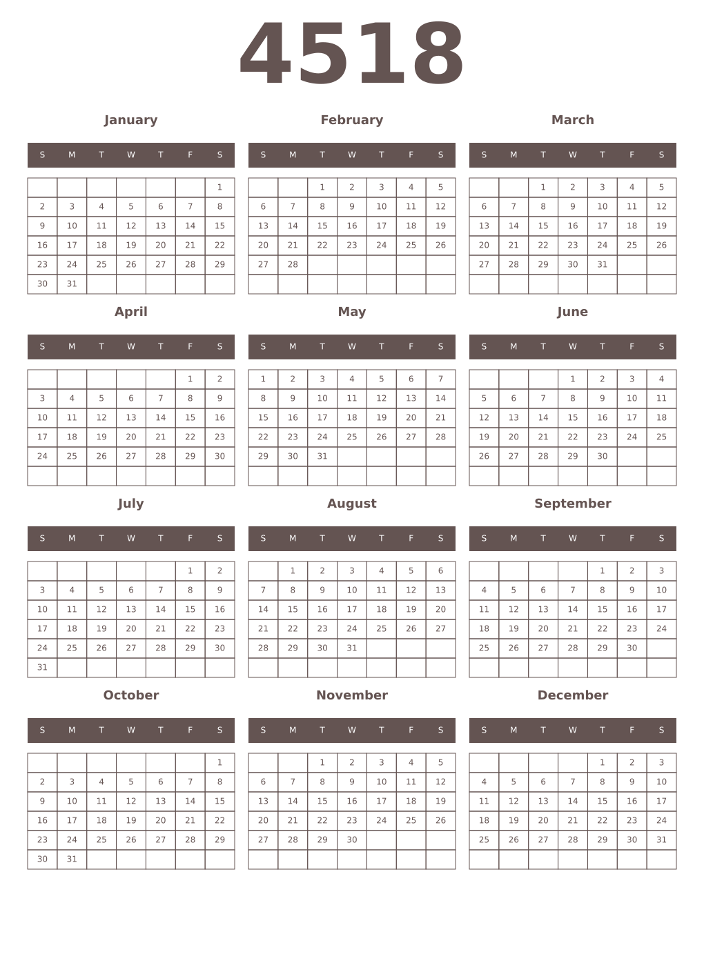 Printable 4518 Year Calendars wenge