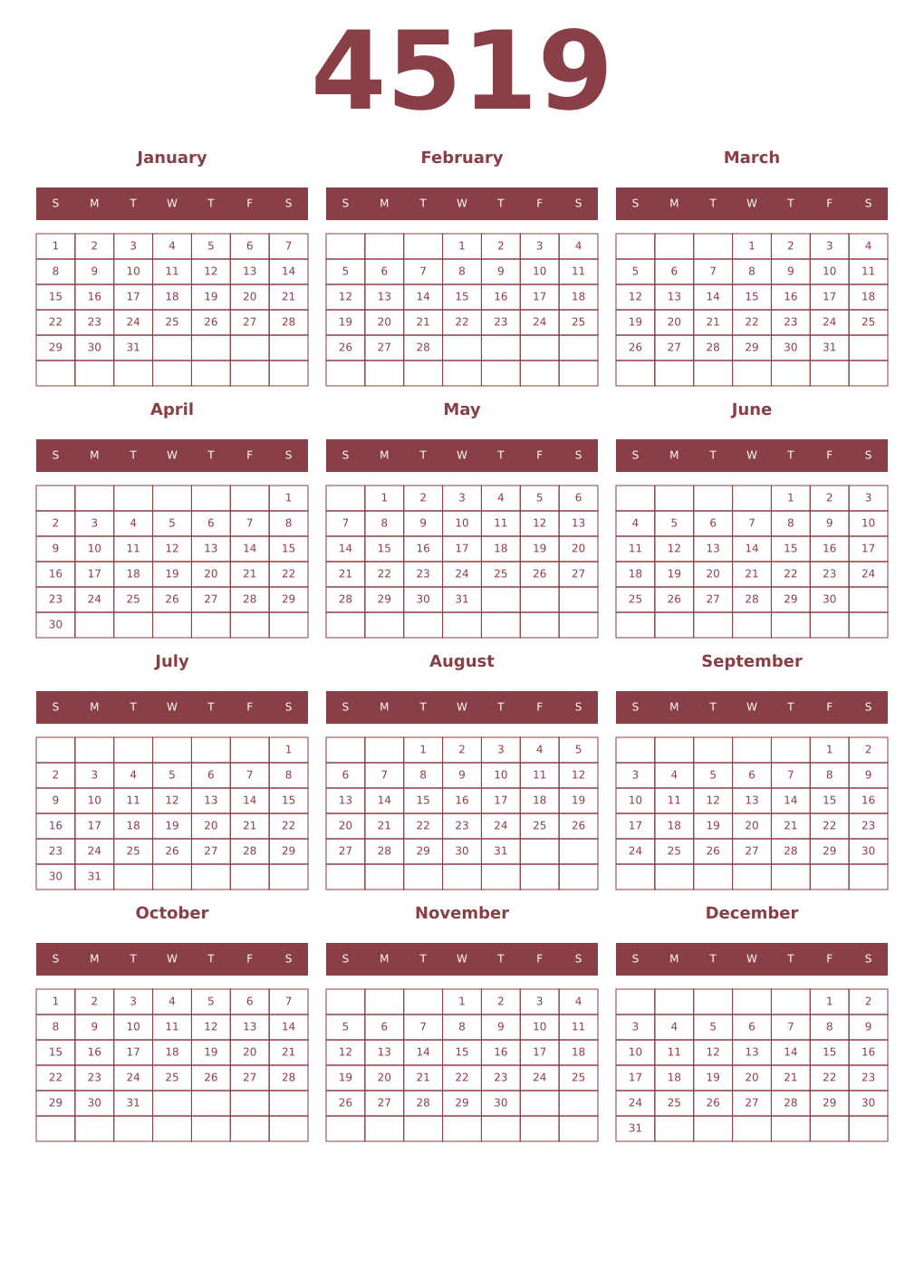 Printable 4519 Year Calendars cordovan