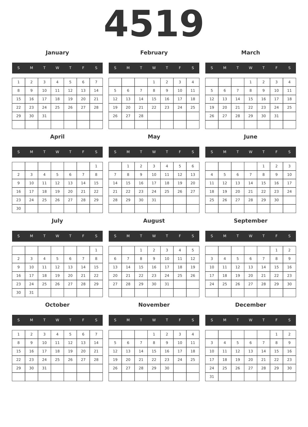 Printable 4519 Year Calendars dark