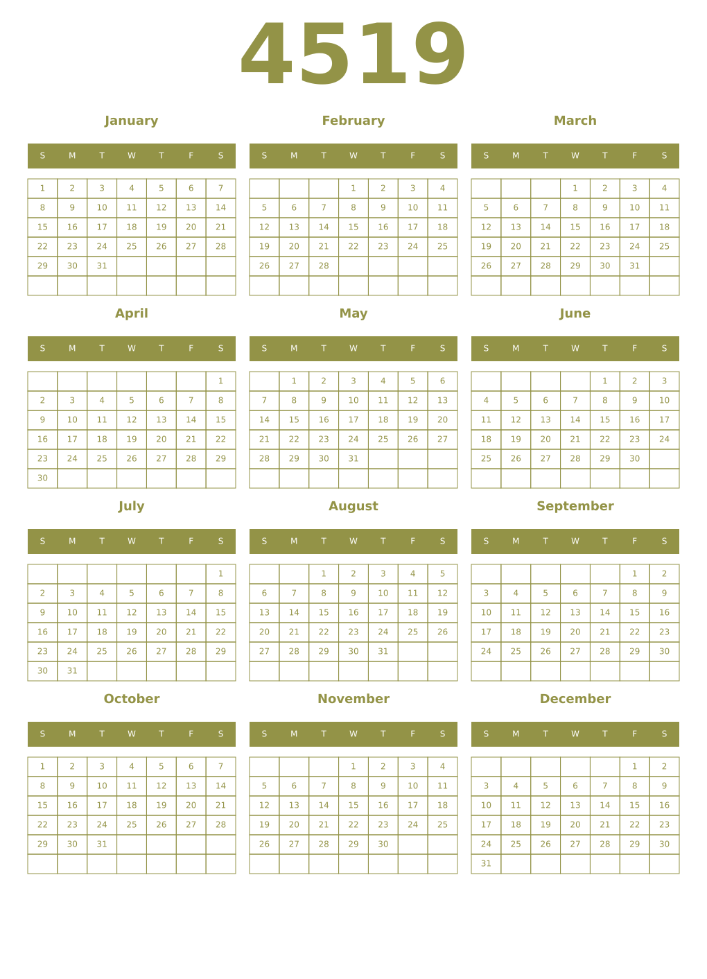 Printable 4519 Year Calendars eburnean