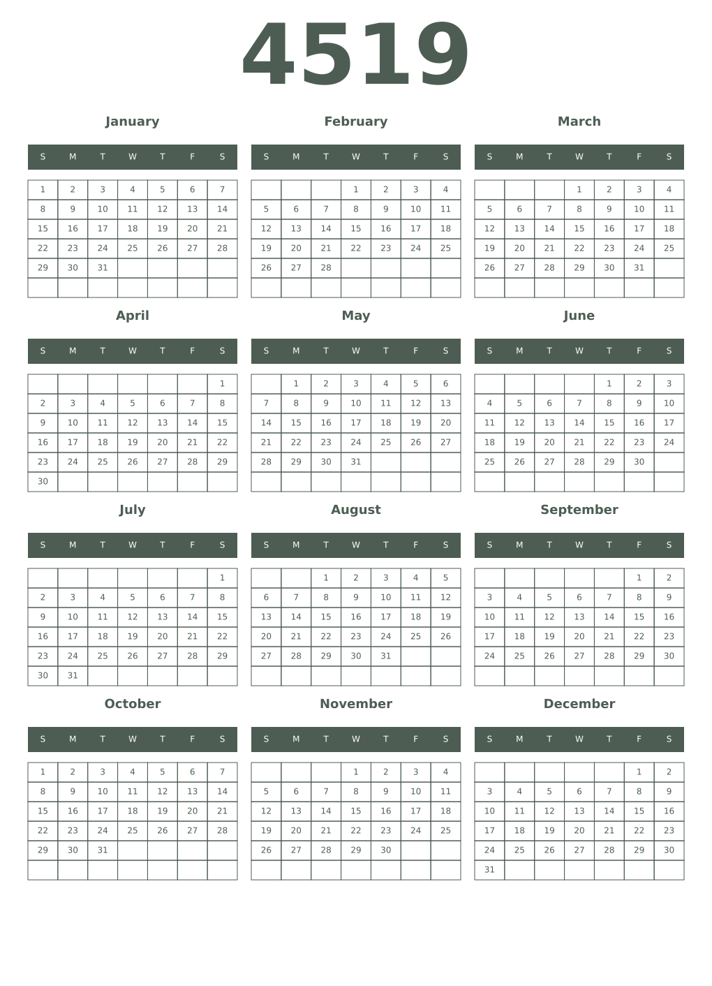 Printable 4519 Year Calendars feldgrau