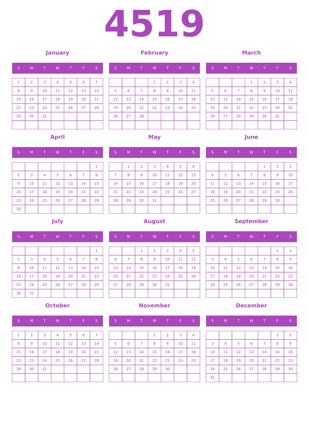 Printable 4519 Year Calendars purple