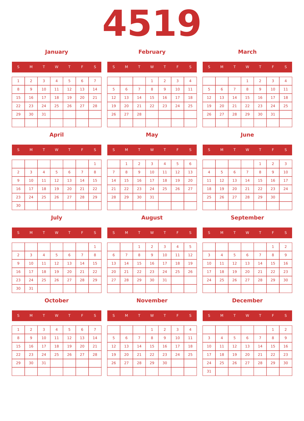 Printable 4519 Year Calendars red