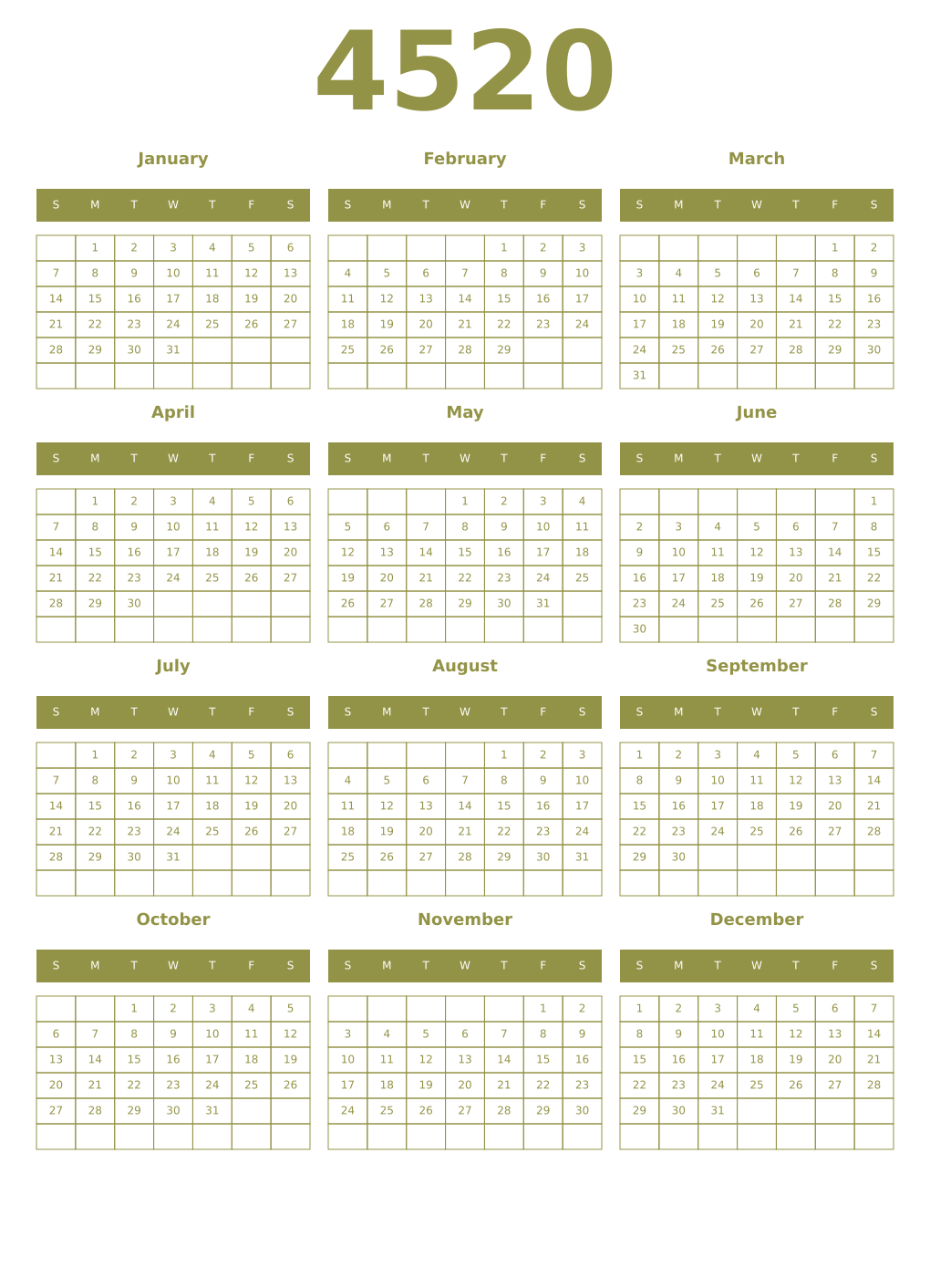Printable 4520 Year Calendars eburnean