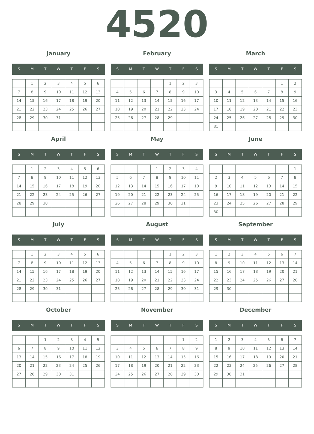 Printable 4520 Year Calendars feldgrau
