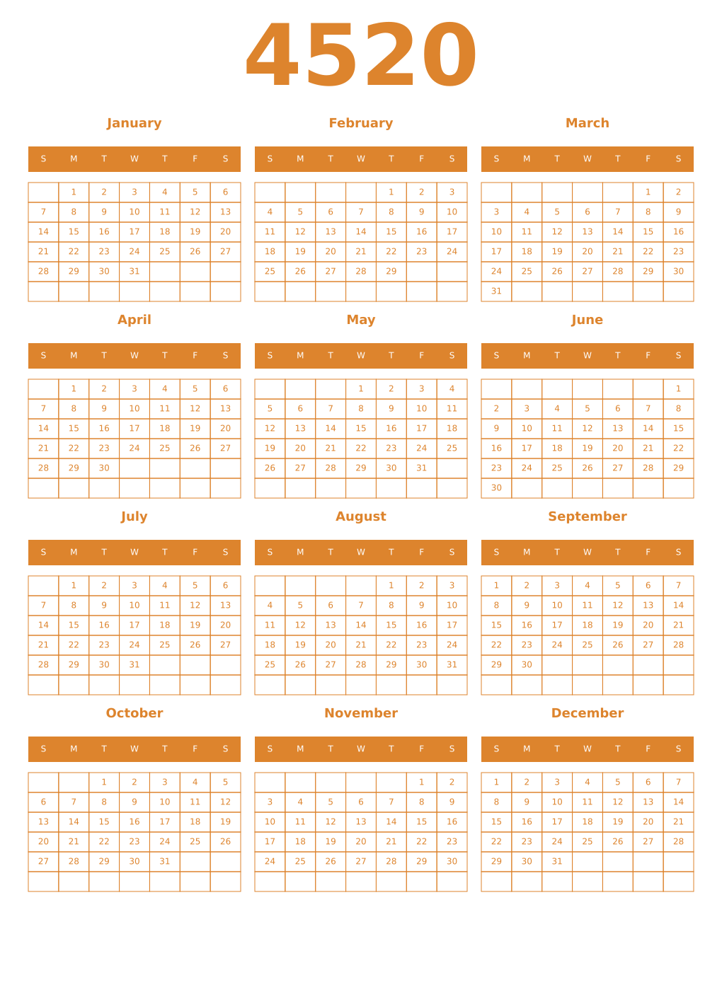 Printable 4520 Year Calendars orange
