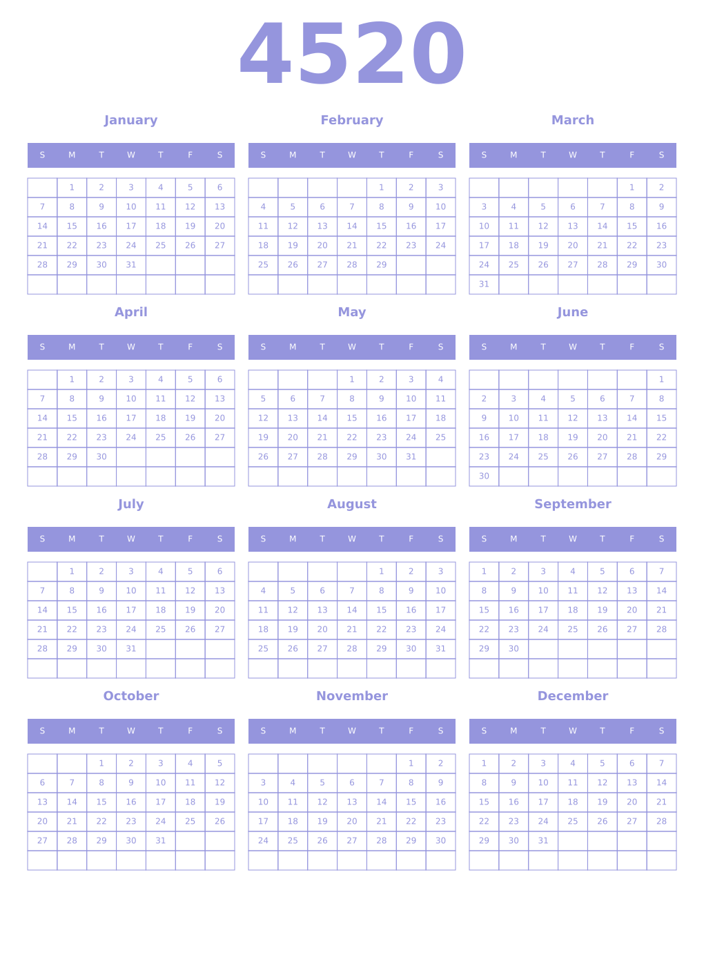 Printable 4520 Year Calendars periwinkle