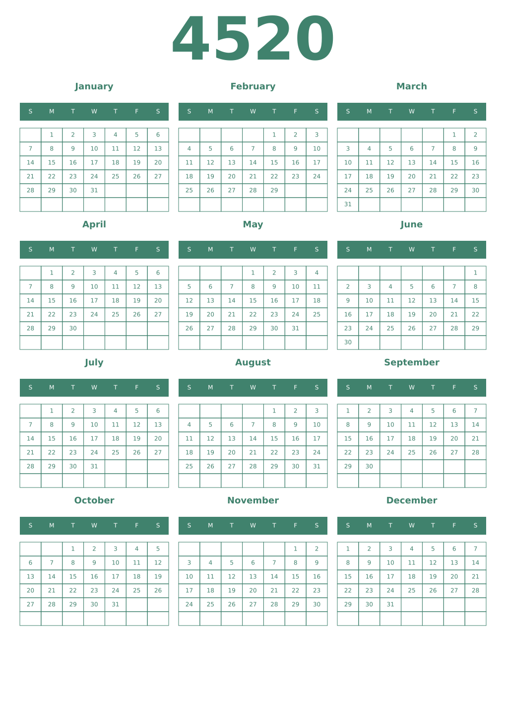 Printable 4520 Year Calendars viridian