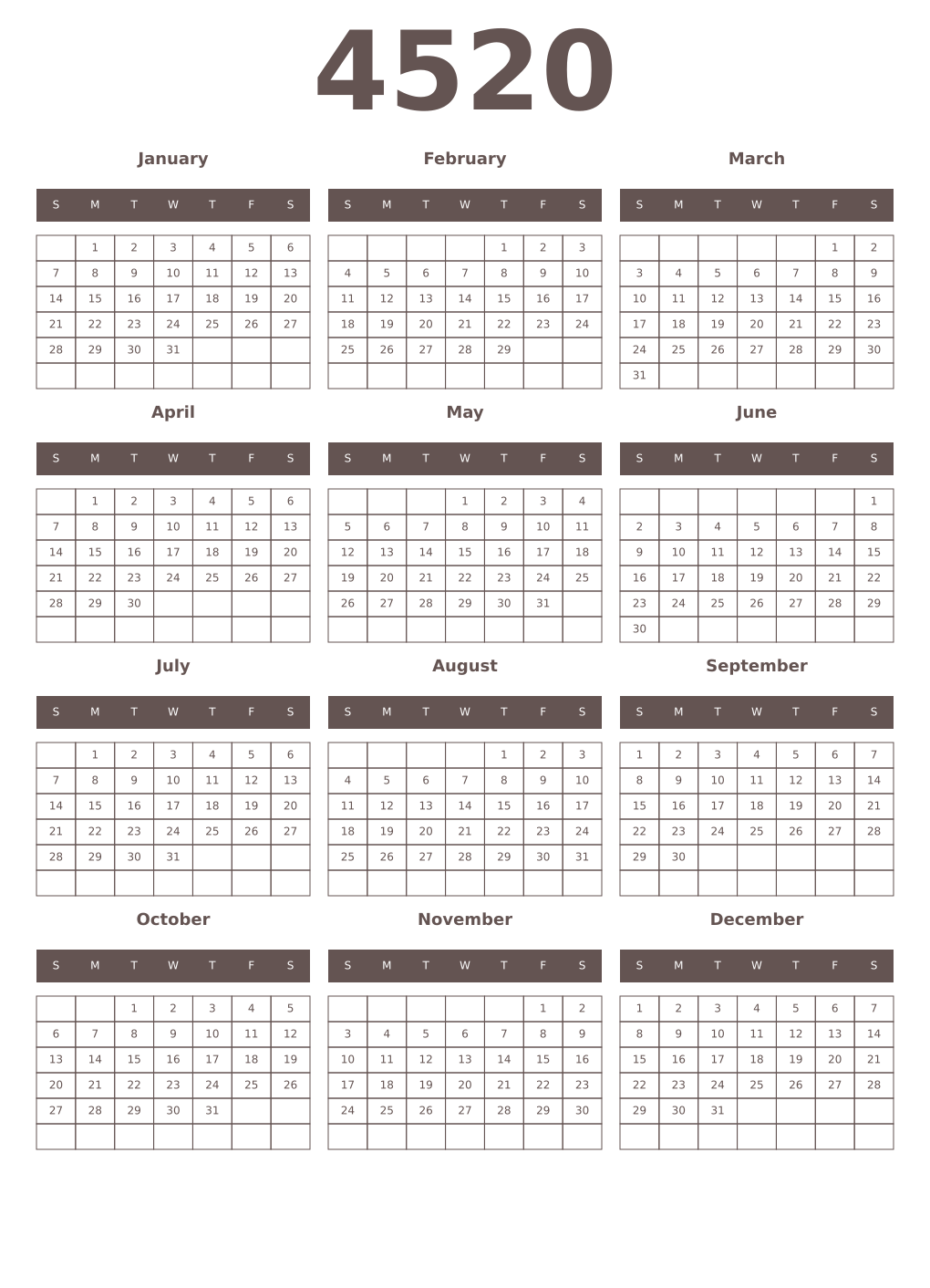 Printable 4520 Year Calendars wenge