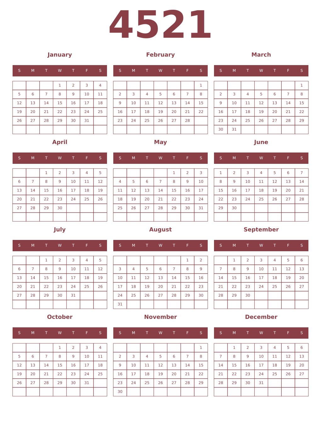 Printable 4521 Year Calendars cordovan