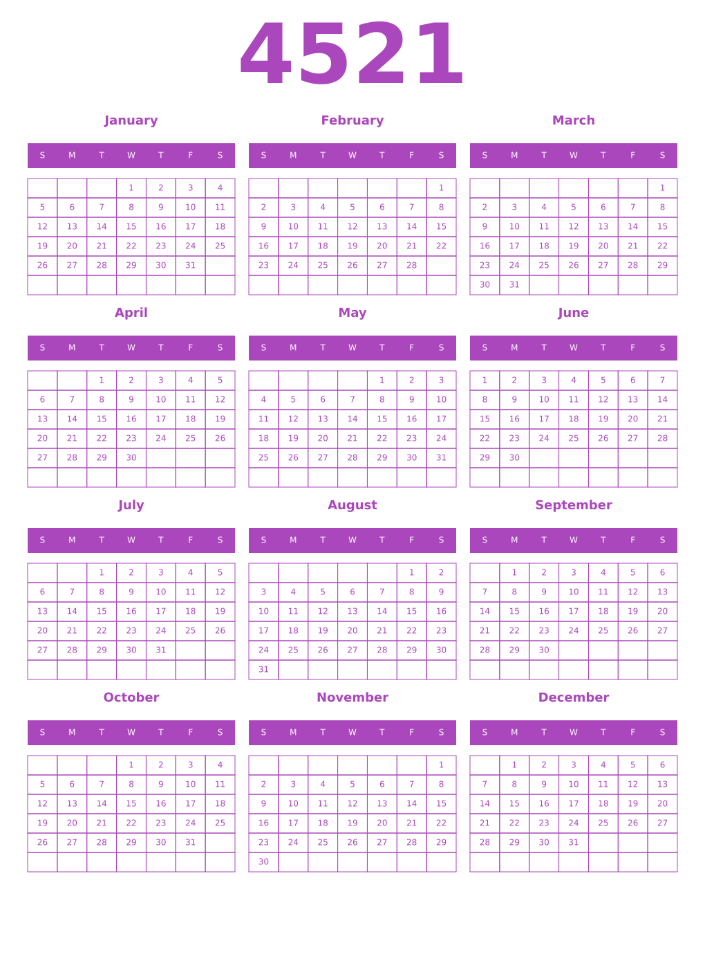 Printable 4521 Year Calendars purple