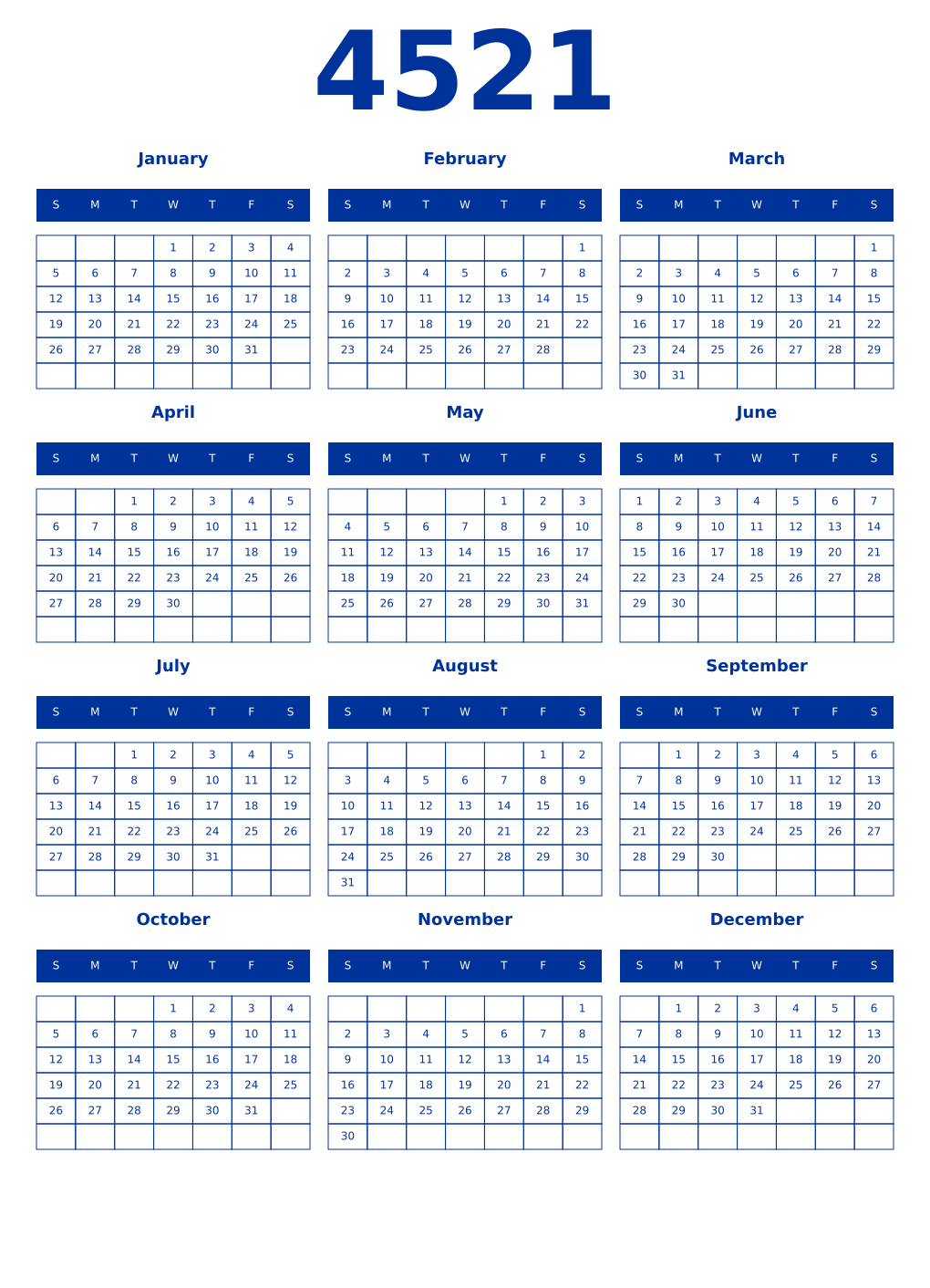 Printable 4521 Year Calendars smalt