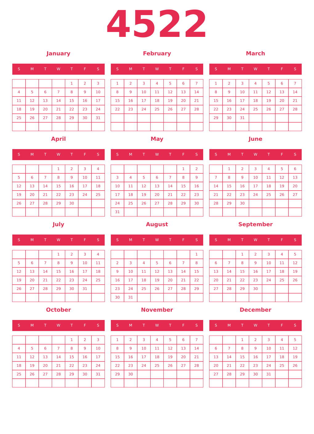 Printable 4522 Year Calendars amaranth
