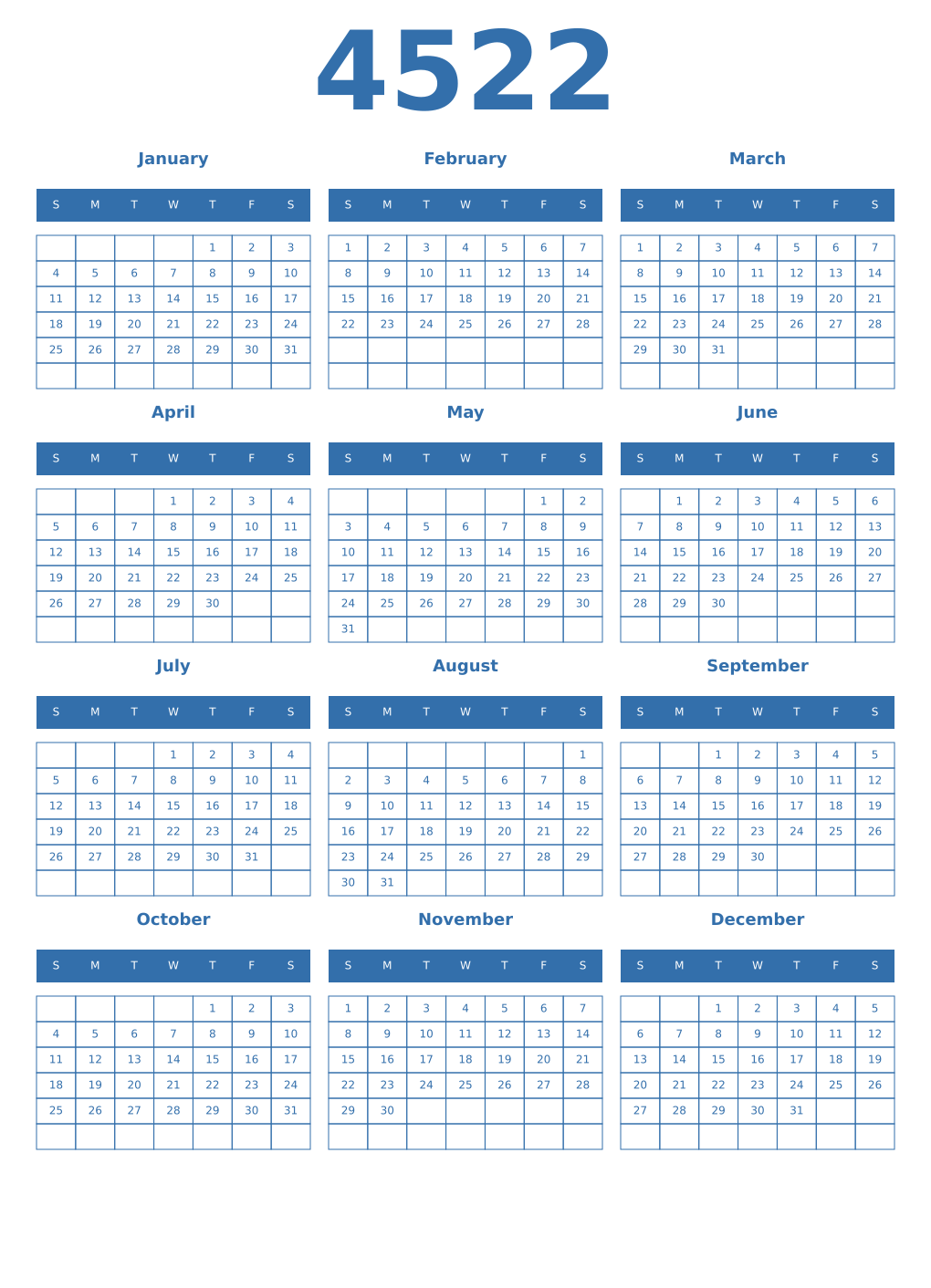 Printable 4522 Year Calendars blue