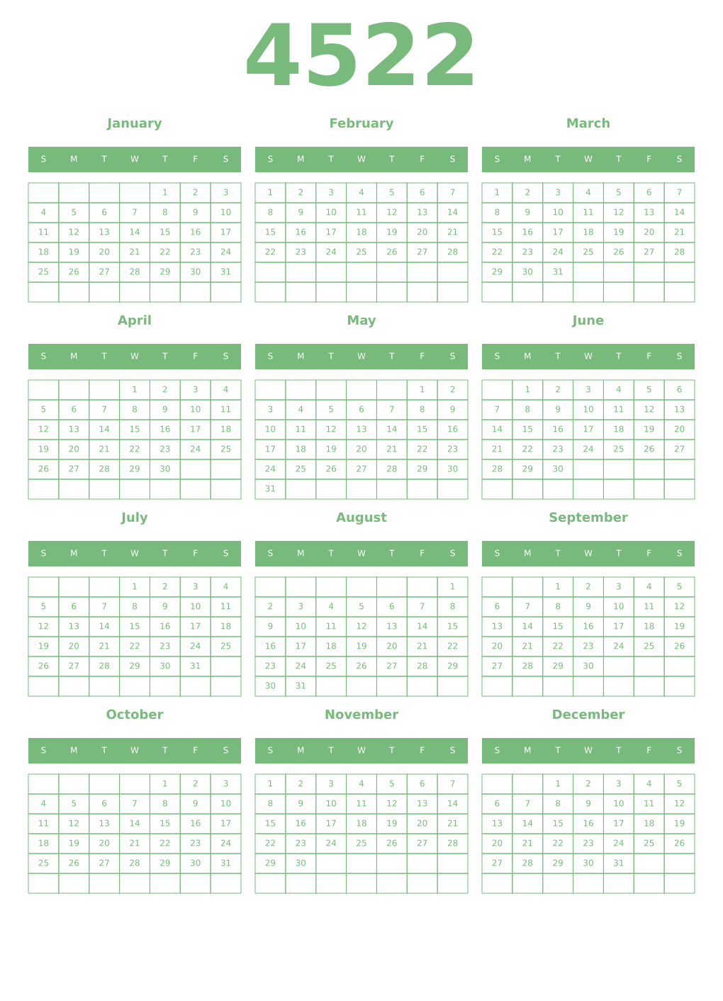 Printable 4522 Year Calendars celadon