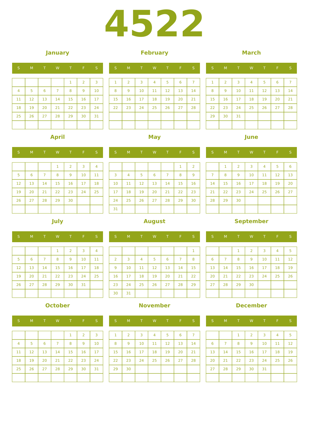 Printable 4522 Year Calendars chartreuse