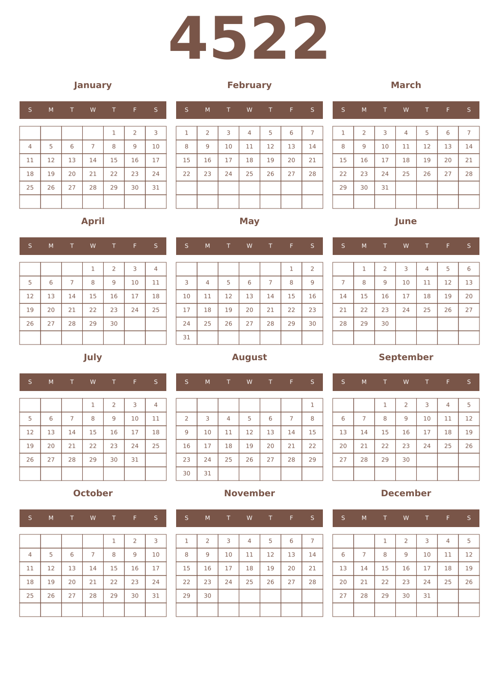 Printable 4522 Year Calendars coffe