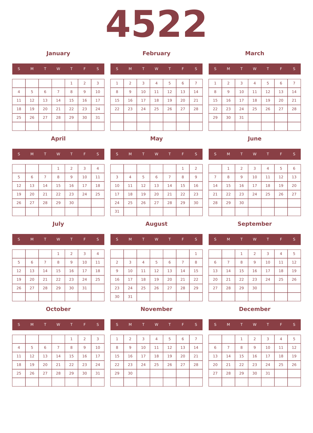 Printable 4522 Year Calendars cordovan