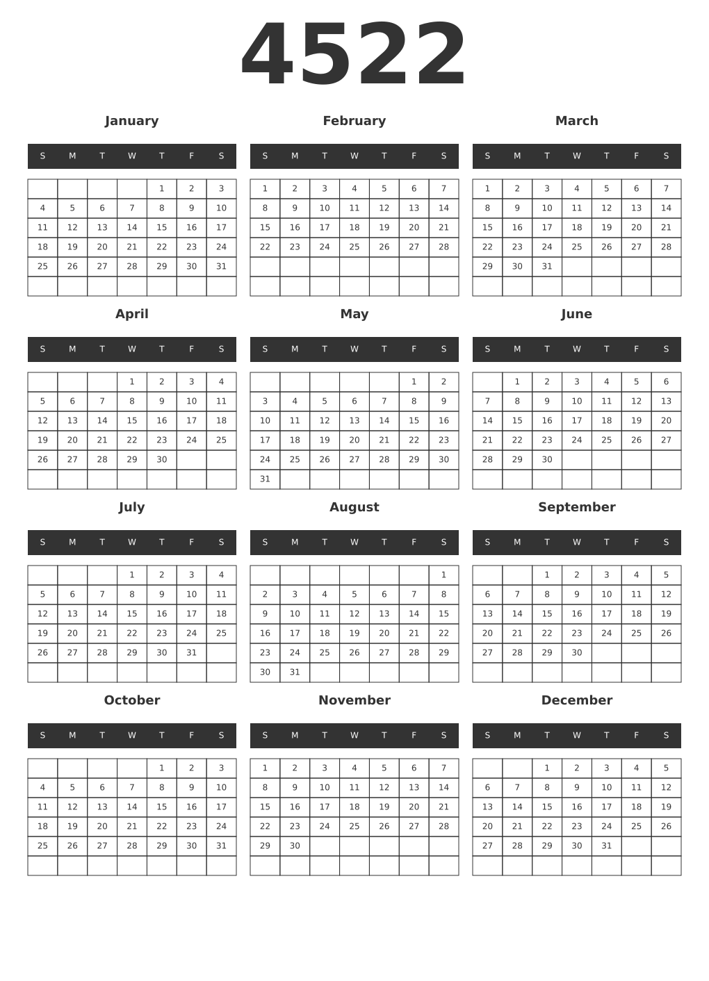 Printable 4522 Year Calendars dark