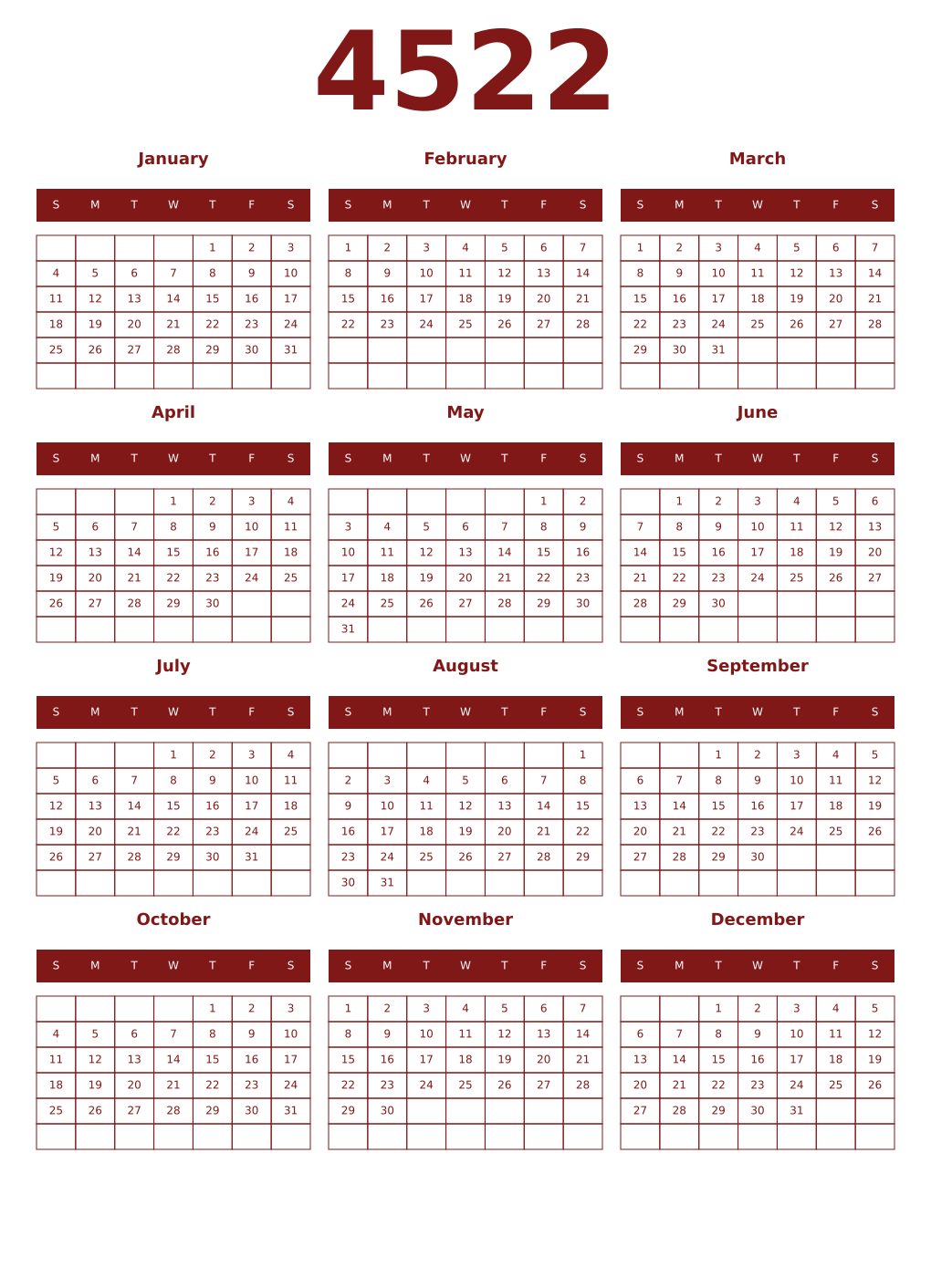 Printable 4522 Year Calendars falu