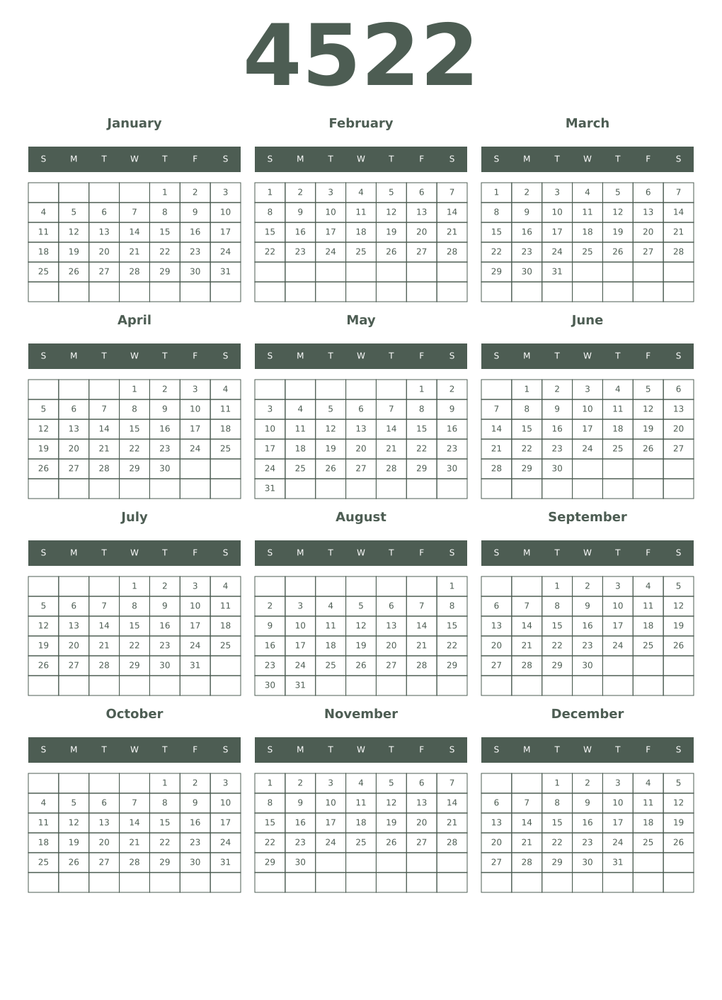 Printable 4522 Year Calendars feldgrau