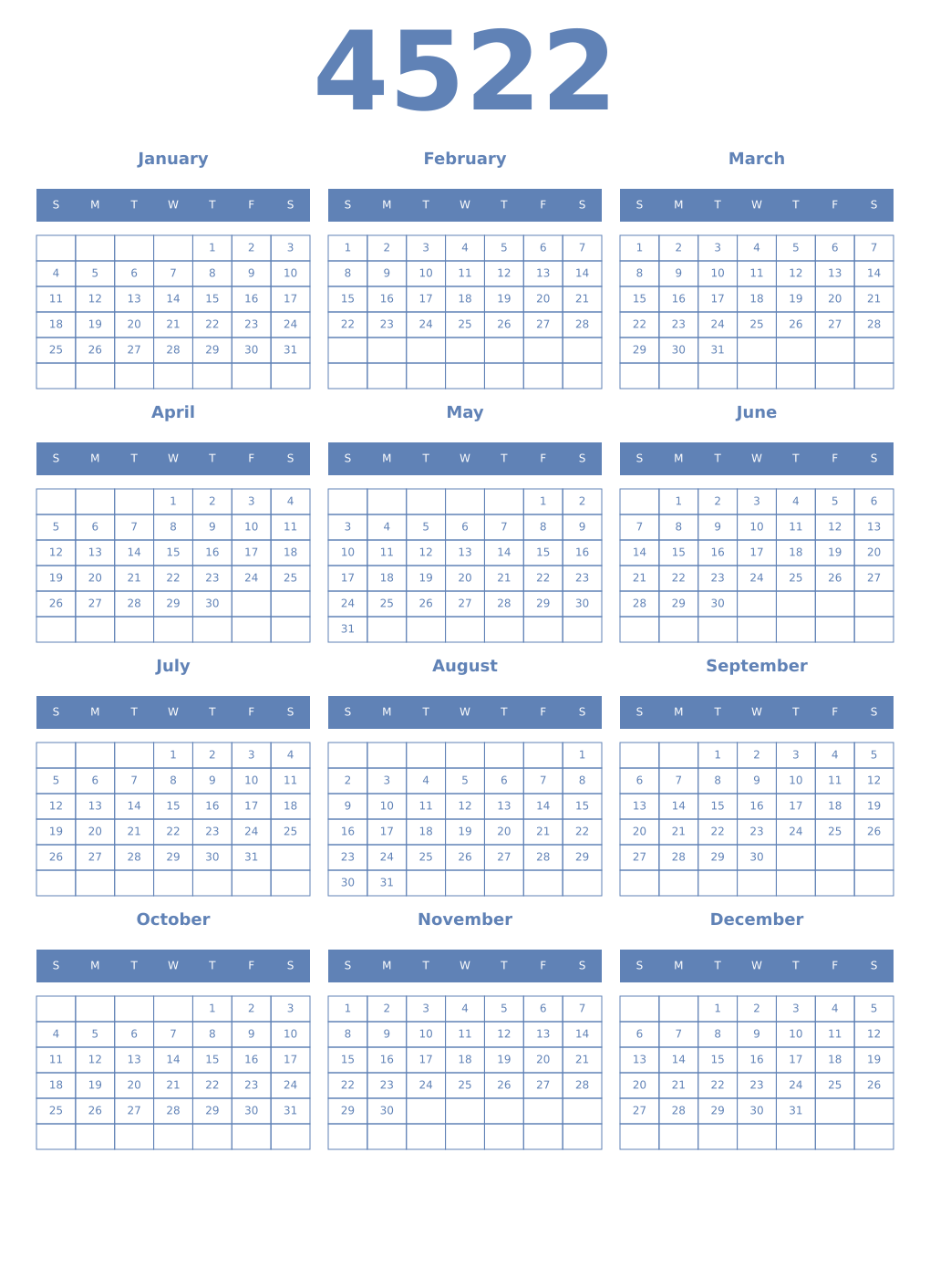 Printable 4522 Year Calendars glaucous