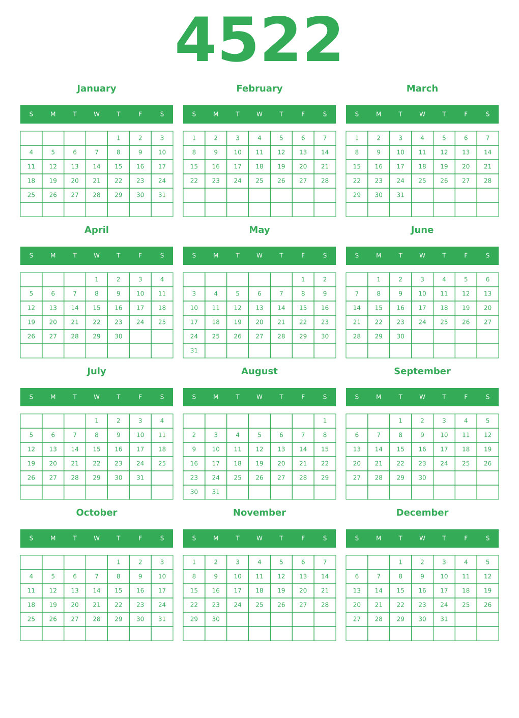 Printable 4522 Year Calendars green