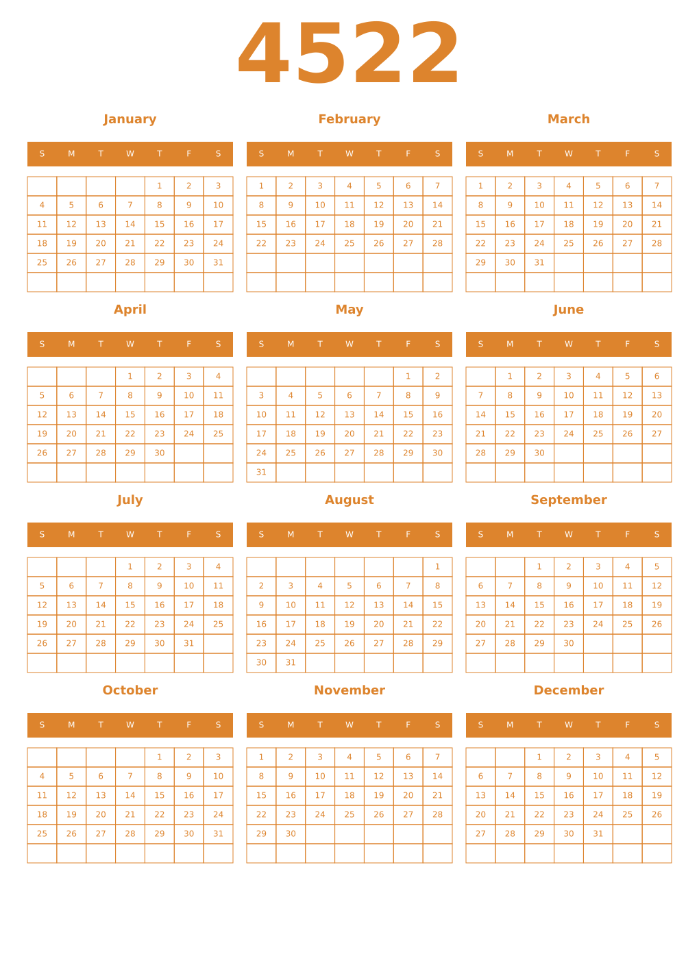 Printable 4522 Year Calendars orange